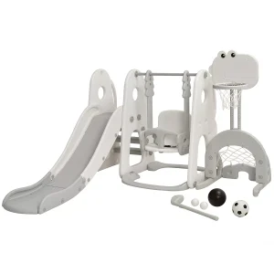 6 in 1 Toddler Slide and Swing Set Climber Playset w/ Ball Games White\Orange