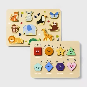 Wooden Shapes & Animals Puzzles - 2pc: Educational Toddler Puzzle Set, Fine Motor Skills, Ages 2+