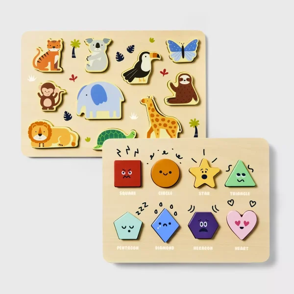 Wooden Shapes & Animals Puzzles - 2pc: Educational Toddler Puzzle Set, Fine Motor Skills, Ages 2+